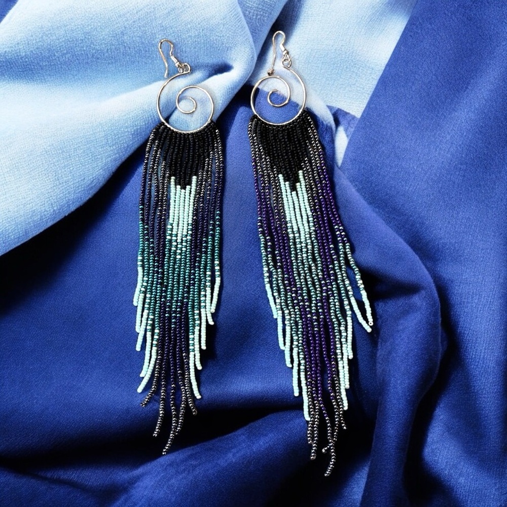 Who’s got the blues? Hand Beaded Chandelier Beaded Earrings Blues Purples - Picture 13 of 17